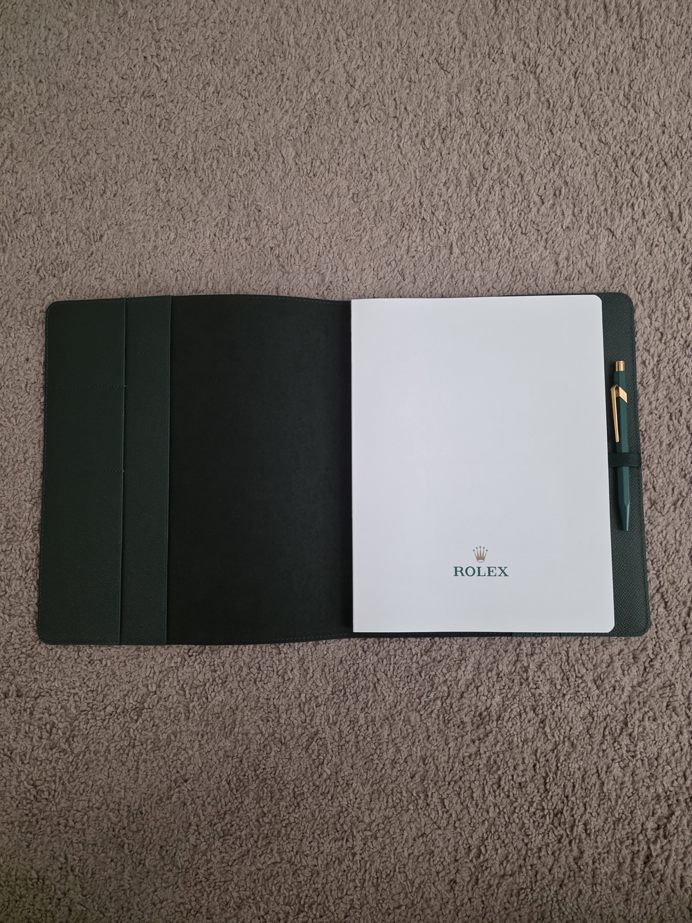 Rolex green and white branded notebook portfolio with pen